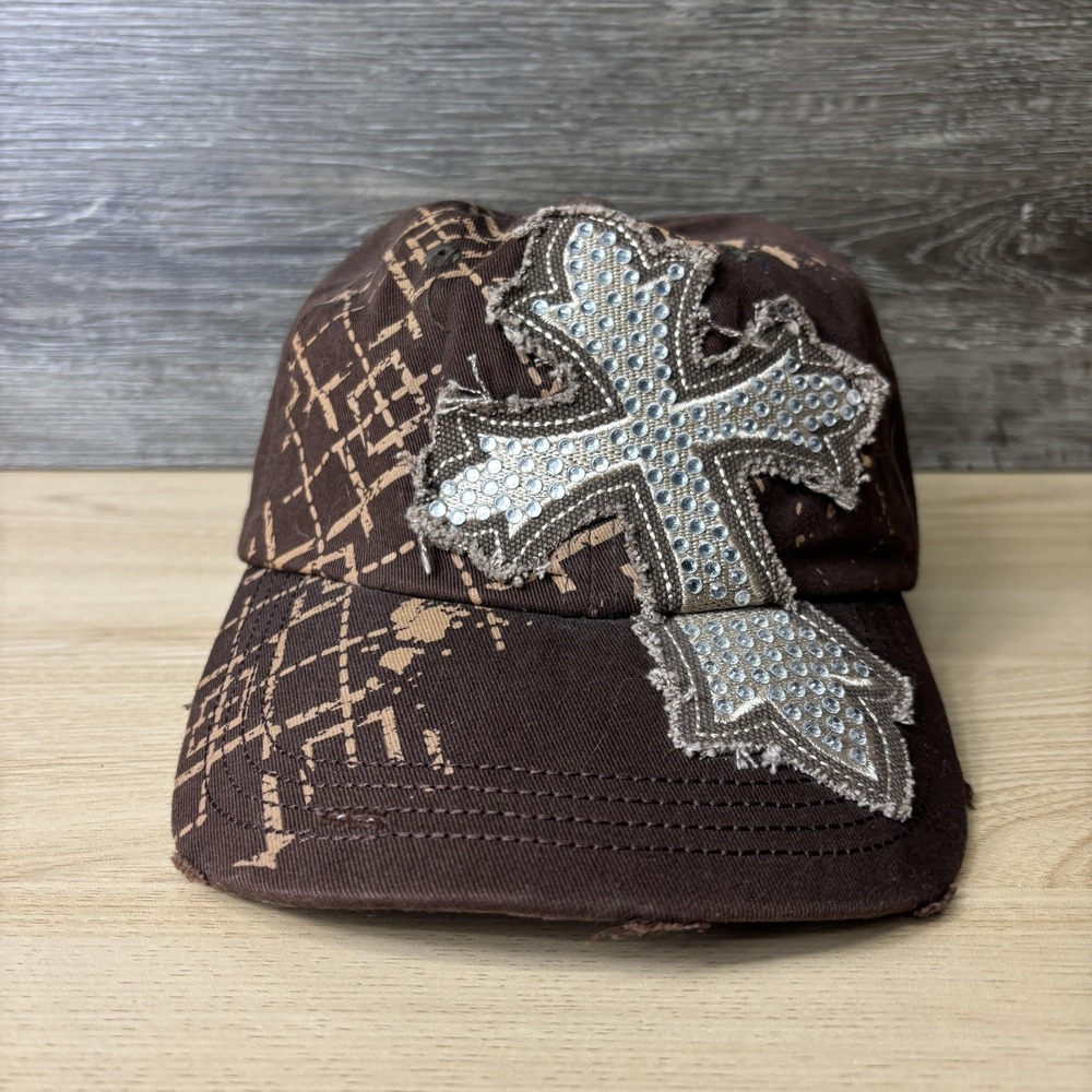 Cross Hat Cap Strap Back Brown Rhinestone Bling Embroidered Distressed Mens